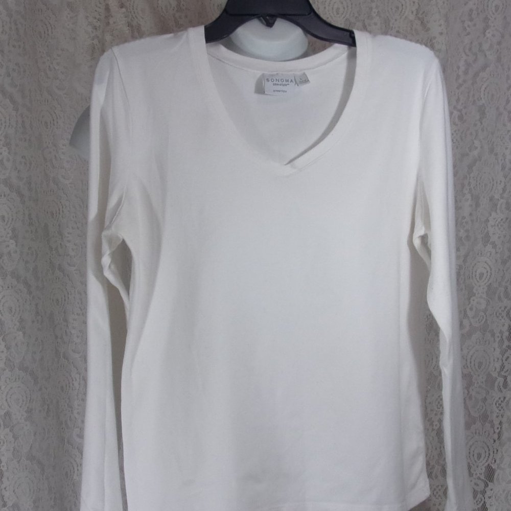 Sonoma White V-Neck Knit Stretch Top Blouse NWOT